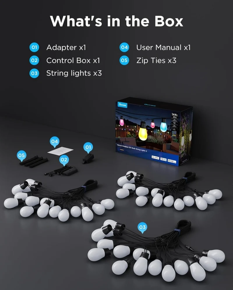 Govee Outdoor S14 Bulb String Lights 2, 144ft Smart RGBIC Warm White Patio Lights with 45 LED Bulbs, 111 Scene Modes for Outdoor Decor, Works with Alexa, Google, Matter, APP Control, IP66 Waterproof