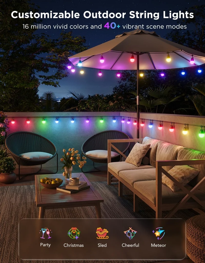 Govee Smart Outdoor String Lights 2, 48ft Outdoor Lights with Dimmable Warm White LED Bulbs, 47 Scene Modes for Patio, Backyard, Balcony, IP65 Waterproof, Works with Alexa, App Control