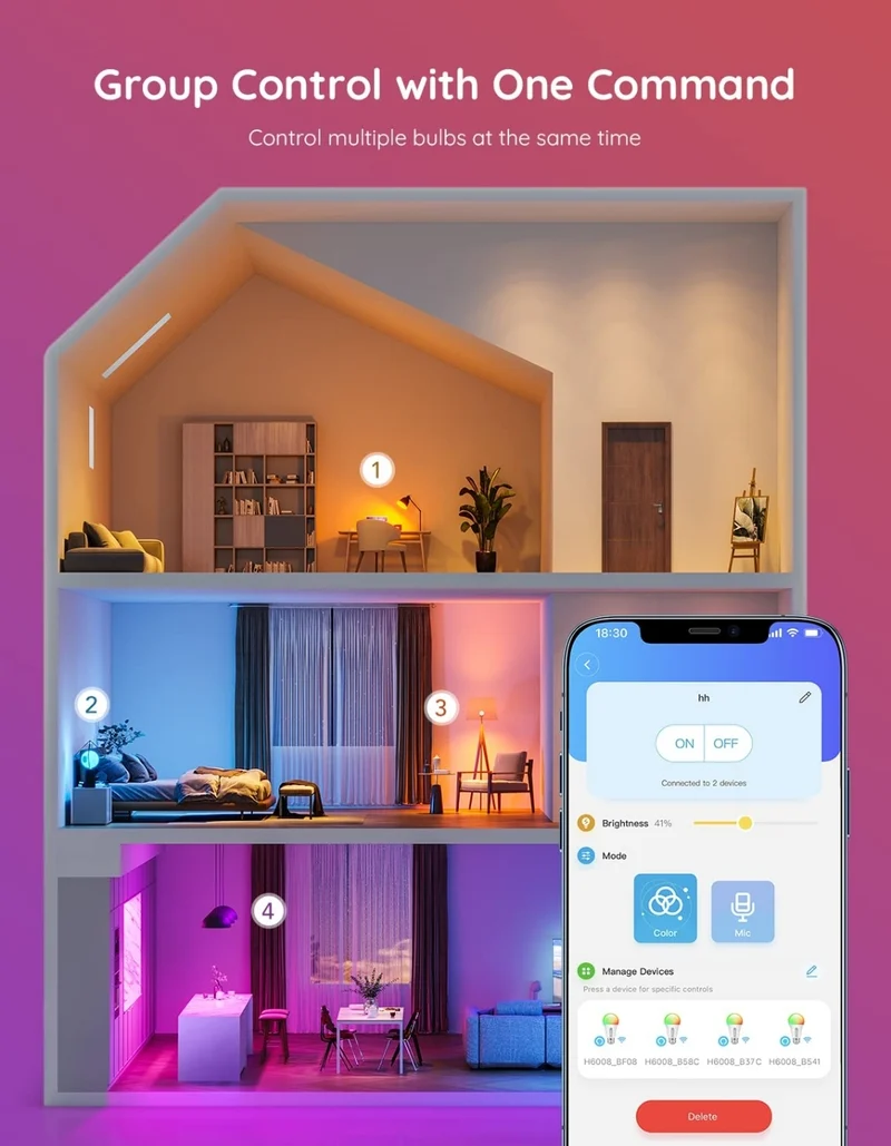Govee Smart Light Bulbs, WiFi Bluetooth Color Changing Bulbs, Music Sync, 54 Dynamic Scenes, 16 Million DIY Colors RGB Light Bulbs, Work with Alexa, Google Assistant, 800 Lumen, 8 Pack
