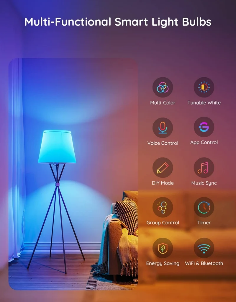 Govee Smart Light Bulbs, WiFi Bluetooth Color Changing Bulbs, Music Sync, 54 Dynamic Scenes, 16 Million DIY Colors RGB Light Bulbs, Work with Alexa, Google Assistant, 800 Lumen, 8 Pack