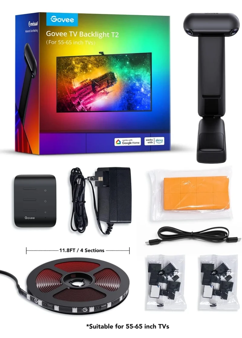 Govee Envisual TV LED Backlight T2 with Dual Cameras, 11.8ft RGBIC Wi-Fi LED Strip Lights for 55-65 inch TVs, Double Strip Light Beads, for Home Decorations, Smart App Control, Music Sync