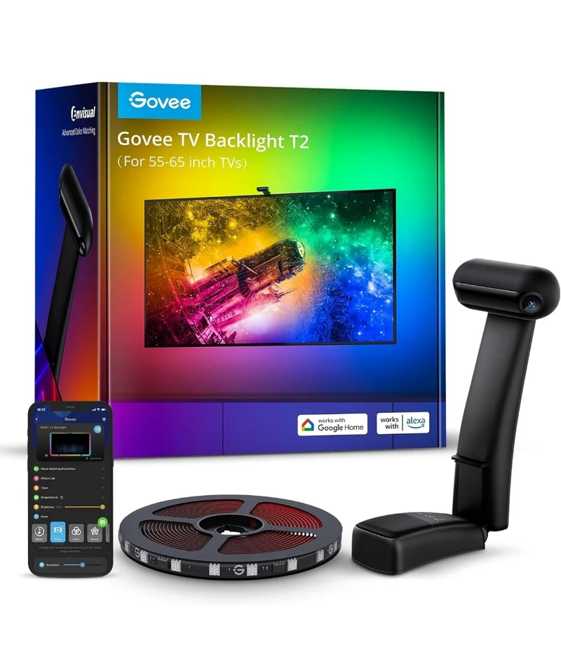 Govee Envisual TV LED Backlight T2 with Dual Cameras, 11.8ft RGBIC Wi-Fi LED Strip Lights for 55-65 inch TVs, Double Strip Light Beads, for Home Decorations, Smart App Control, Music Sync