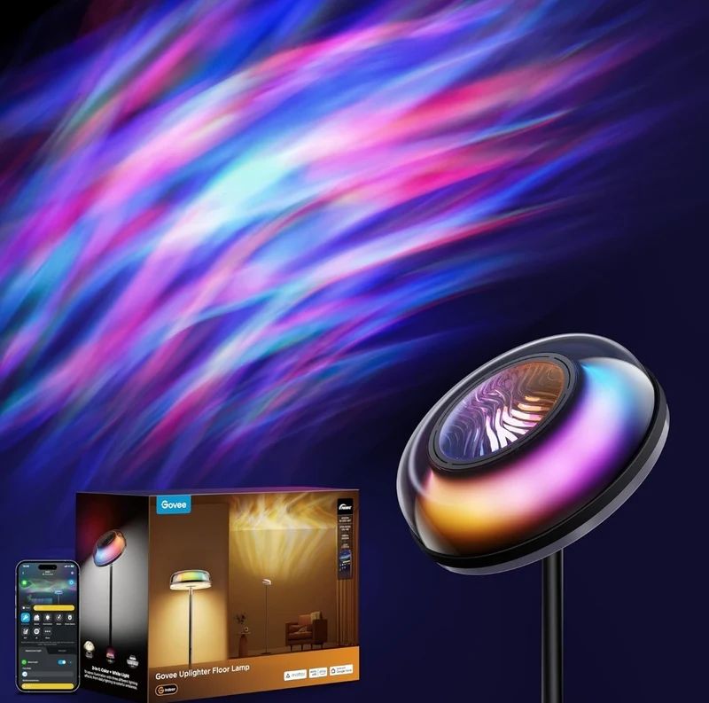 Govee Uplighter Floor Lamp for Living Room, RGBIC Ripple Projector, Smart Floor Lamp for Bedroom Works with Matter, 215 ft² Light Area, LED Modern Corner Floor Light, Warm Cool White Standing Lamp