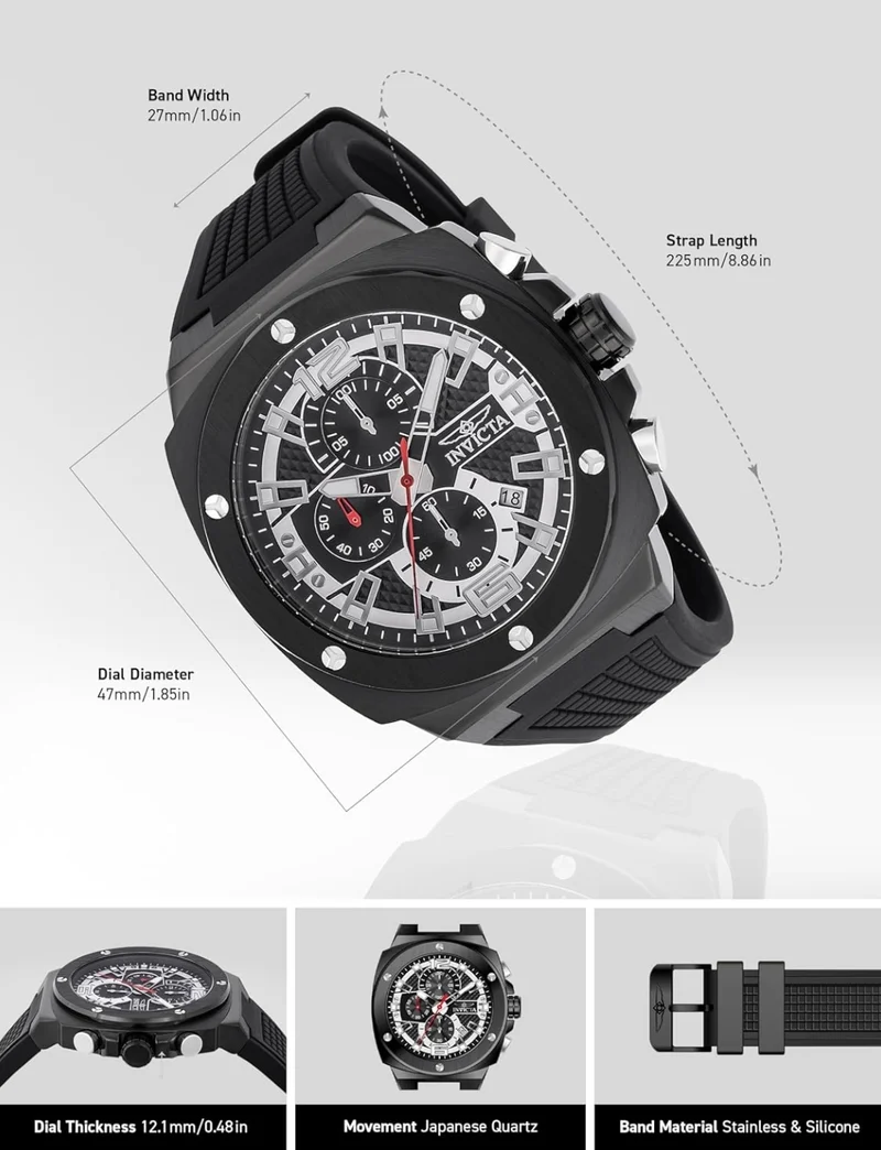 INVICTA Racing Men 47mm Stainless Steel Black + Steel Black dial VD57 Quartz