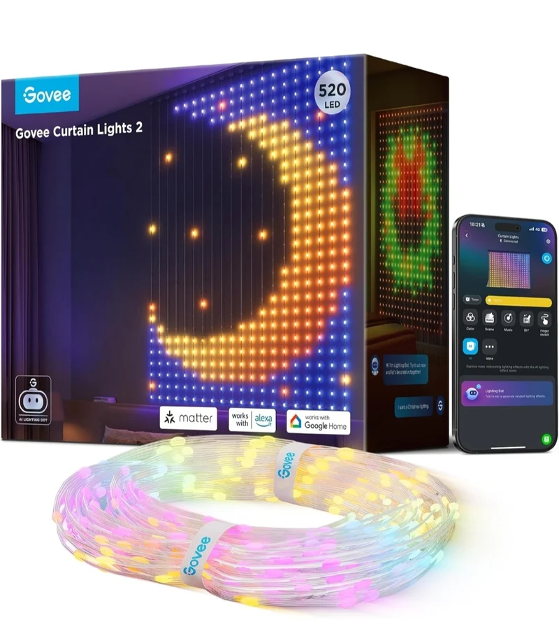 Govee Curtain Lights 2, 520 LEDs, Smart LED Curtain Light with DIY GIF AIGC, Non-Splicable, RGBIC Color Changing Holiday Lights for Indoor Outdoor Bedroom Window Decor, IP65 Waterproof, 4.9×6.6ft