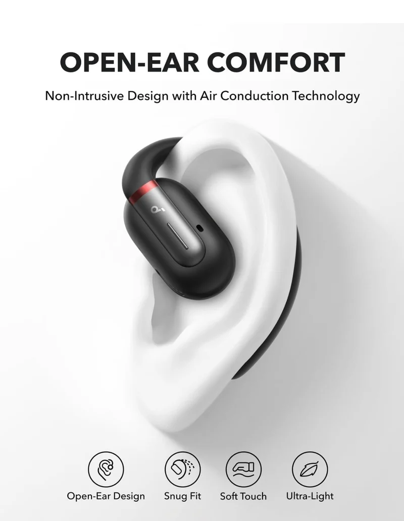 Soundcore by Anker V30i Open-Ear Headphones, Ultra-Comfort, Lightweight Design, Snug Fit, Ergonomic Ear Hooks, Robust Bass, 36H Playtime, Bluetooth 5.3, App Control, Clear Calls, Wireless Earbuds