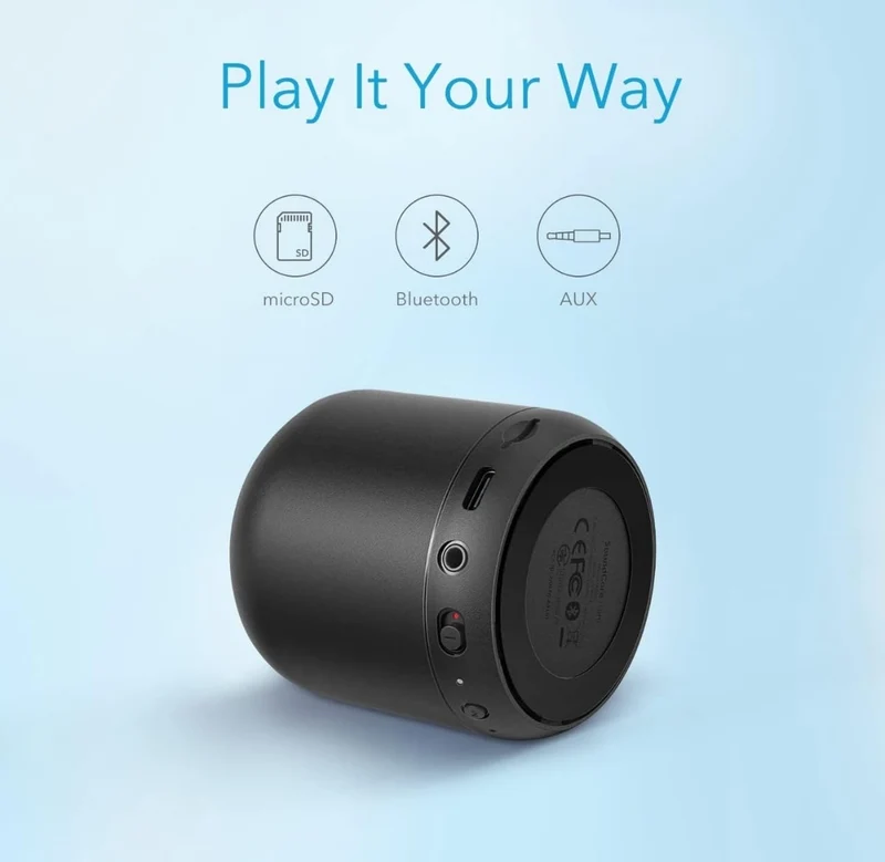 Soundcore Anker Mini, Super-Portable Bluetooth Speaker with FM Radio, 15-Hour Playtime, 66 ft Bluetooth Range, Enhanced Bass, Noise-Cancelling Microphone for Leisure and Work Use