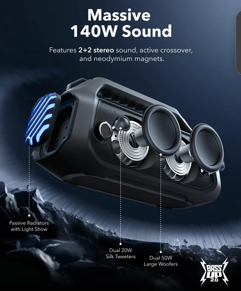 Soundcore Boom 2 Plus By Anker, Outdoor Speaker, 140W, 2+2 Channel, BassUp 2.0, 20H Playtime, Fast Charge, IPX7 Waterproof, RGB Lights, Power Bank, Bluetooth 5.3, Portable for Outdoors, Camping, Beach