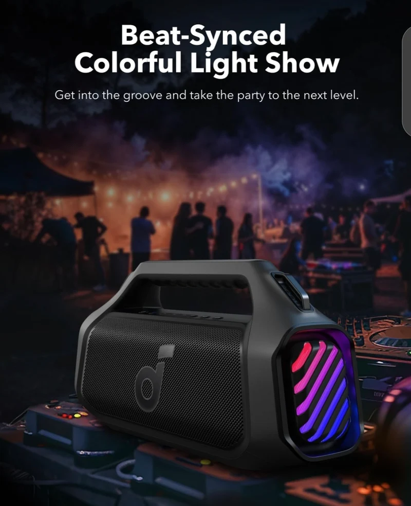 Soundcore Boom 2 Plus By Anker, Outdoor Speaker, 140W, 2+2 Channel, BassUp 2.0, 20H Playtime, Fast Charge, IPX7 Waterproof, RGB Lights, Power Bank, Bluetooth 5.3, Portable for Outdoors, Camping, Beach