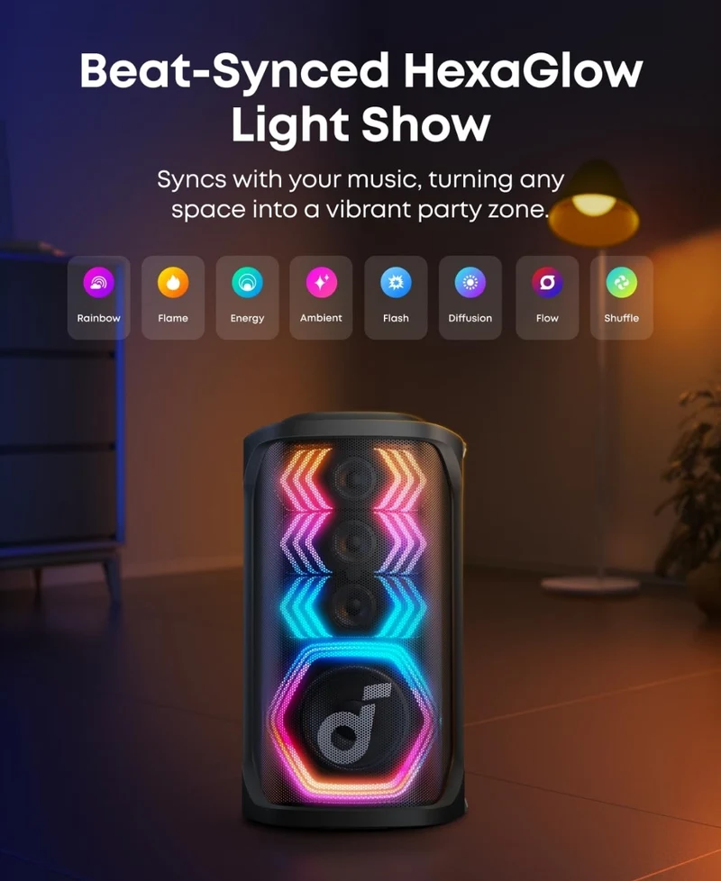 Soundcore Rave 3S AI Party Speaker with 2 Wireless Microphones, 200W Sound, AI Vocal Removal, Reverb, Light Show, 12H Playtime, Portable Bluetooth PA System for Home, Party, or Backyard