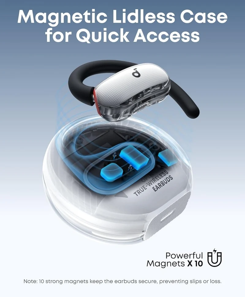 Soundcore V40i by Anker, Open-Ear Headphones, Crystal-Clear Design, Lidless Case, 4 Adjustable Positions for Every Ear Size, Richer Bass, IP55, 21H Playtime, AI Clear Calls, Bluetooth 5.4, App Control