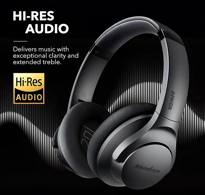 Soundcore Anker Life Q20 Hybrid Active Noise Cancelling Headphones, Wireless Over Ear Bluetooth Headphones, 70H Playtime, Hi-Res Audio, Deep Bass, Memory Foam Ear Cups, Travel, Office, USB-C Charging