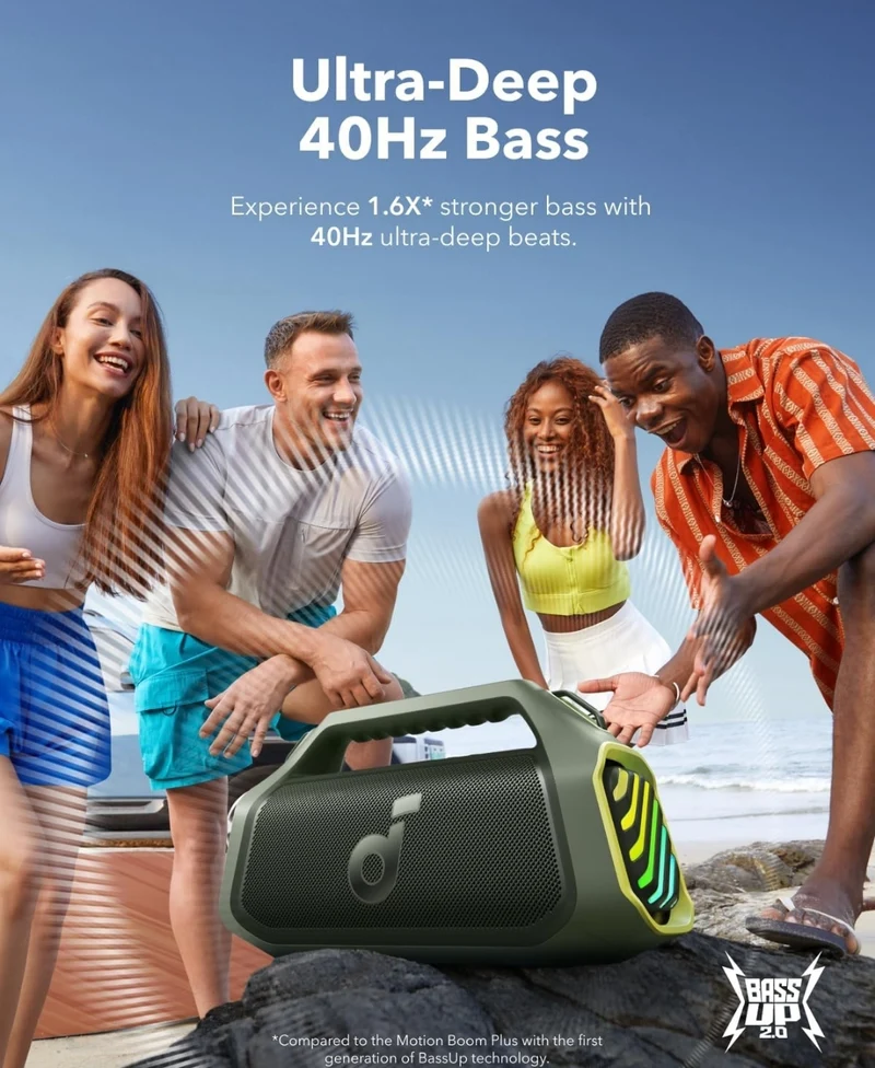Soundcore Boom 2 Plus By Anker, Outdoor Speaker, 140W, 2+2 Channel, BassUp 2.0, 20H Playtime, Fast Charge, IPX7 Waterproof, RGB Lights, Power Bank, Bluetooth 5.3, Portable for Outdoors, Camping, Beach