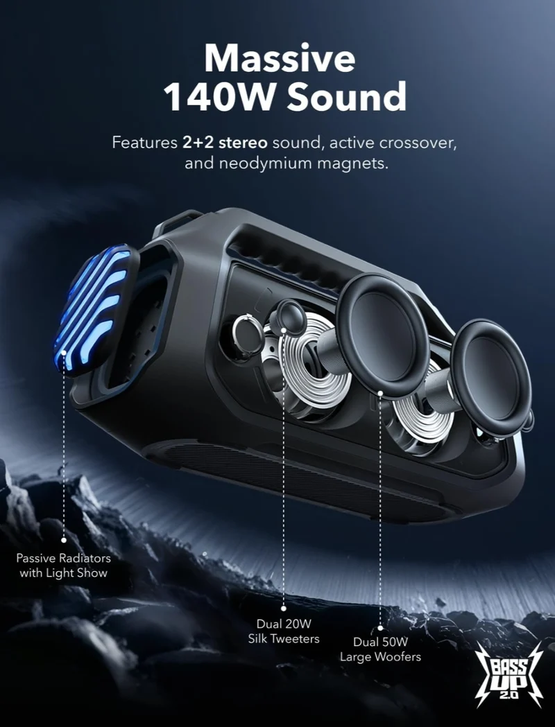 Soundcore Boom 2 Plus By Anker, Outdoor Speaker, 140W, 2+2 Channel, BassUp 2.0, 20H Playtime, Fast Charge, IPX7 Waterproof, RGB Lights, Power Bank, Bluetooth 5.3, Portable for Outdoors, Camping, Beach