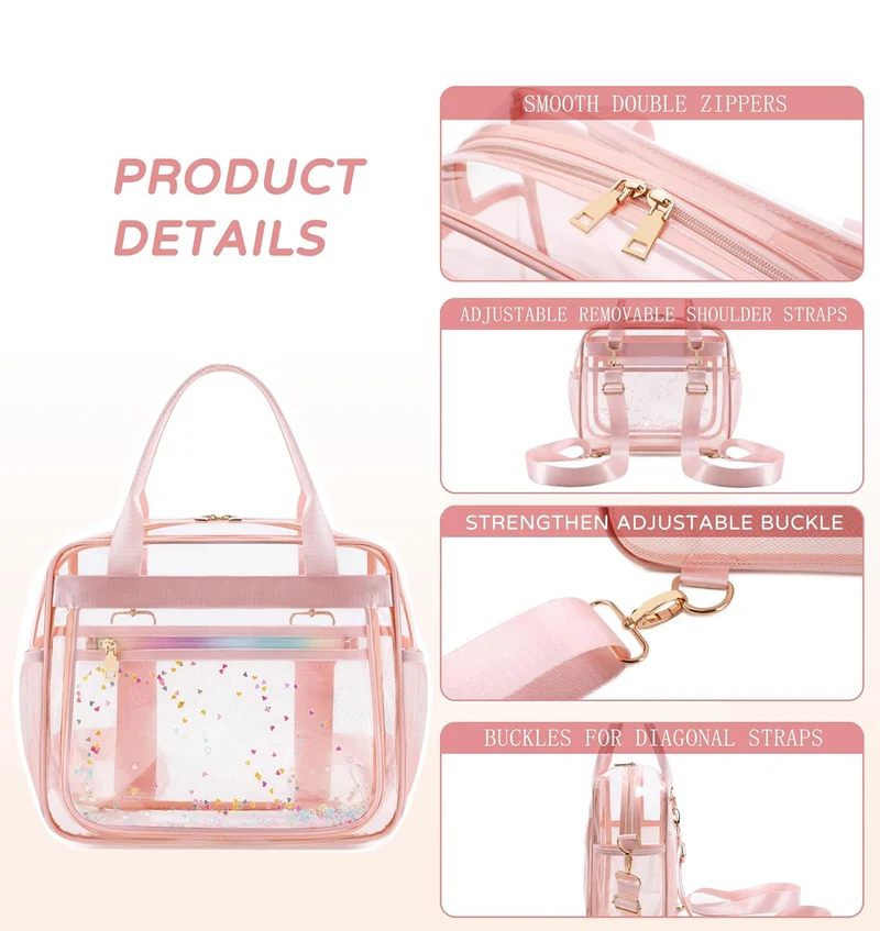 Clear Beach Bag Travel Tote Transparent Backpack for Women Girls Stadium Approved Crossbody Messenger Shoulder Handbag