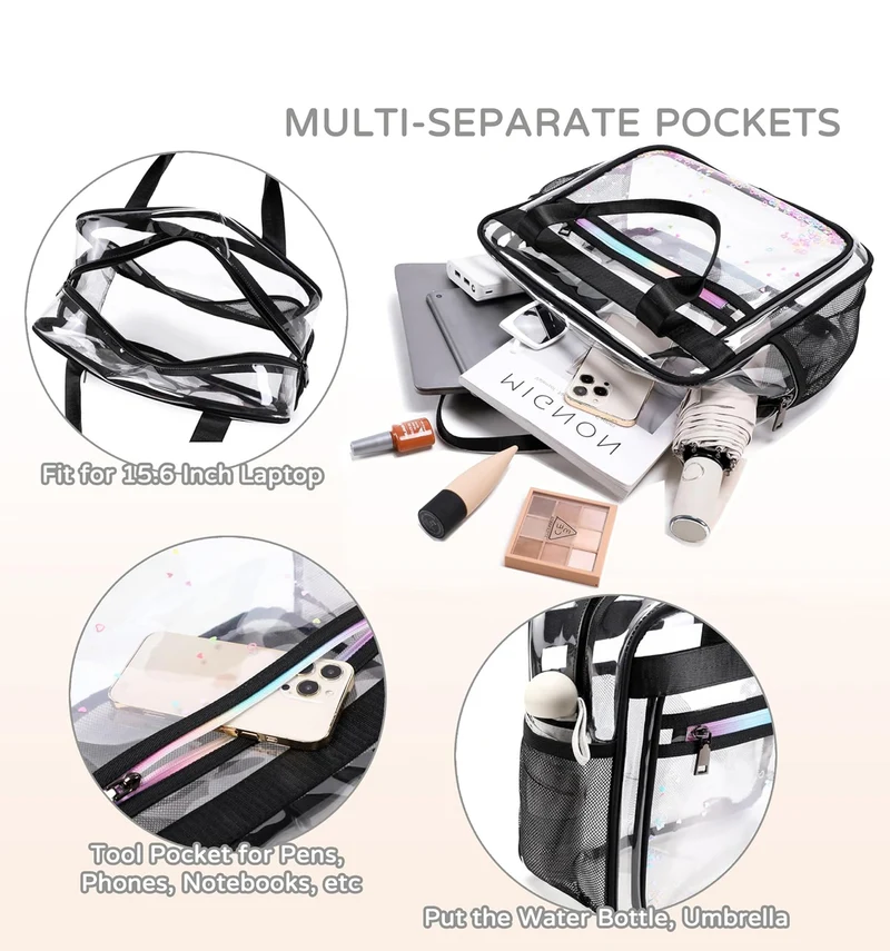 Clear Beach Bag Travel Tote Transparent Backpack for Women Girls Stadium Approved Crossbody Messenger Shoulder Handbag