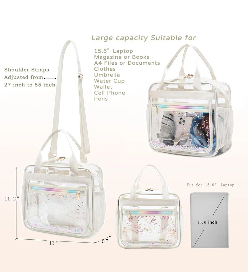 Clear Beach Bag Travel Tote Transparent Backpack for Women Girls Stadium Approved Crossbody Messenger Shoulder Handbag