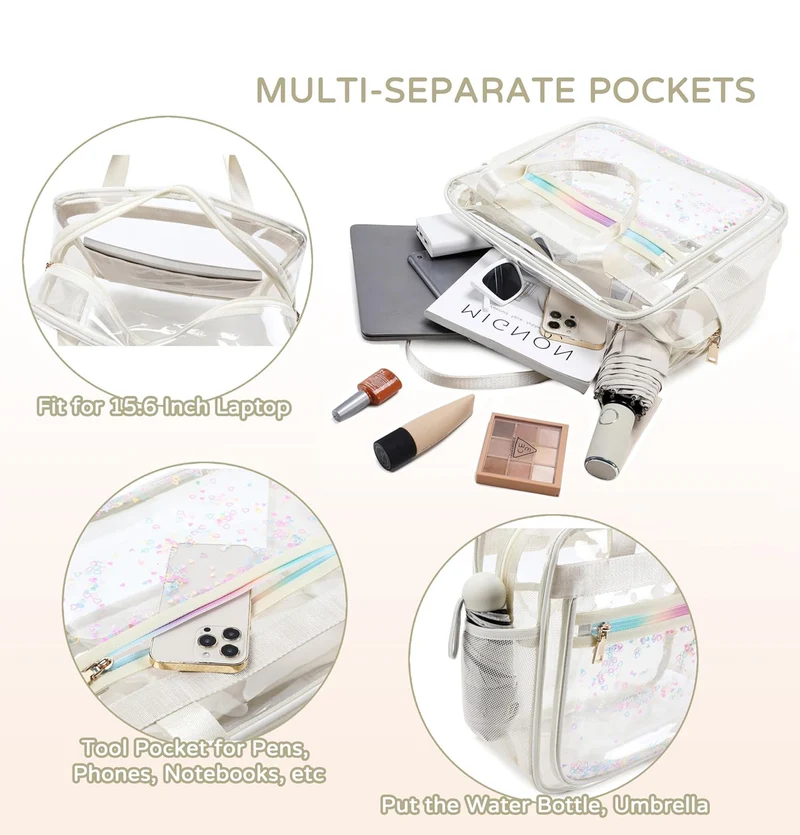Clear Beach Bag Travel Tote Transparent Backpack for Women Girls Stadium Approved Crossbody Messenger Shoulder Handbag
