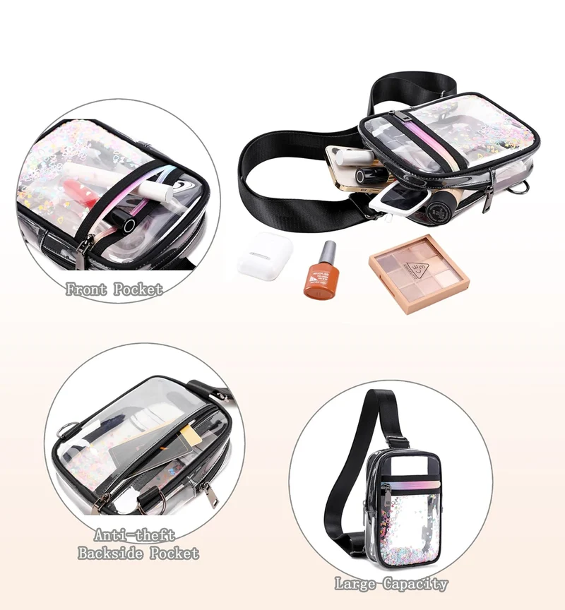 Clear Crossbody Bags for Women Girls Stadium Approved Sling Pack Bag Shoulder Belt Purses Transparent Chest Backpack