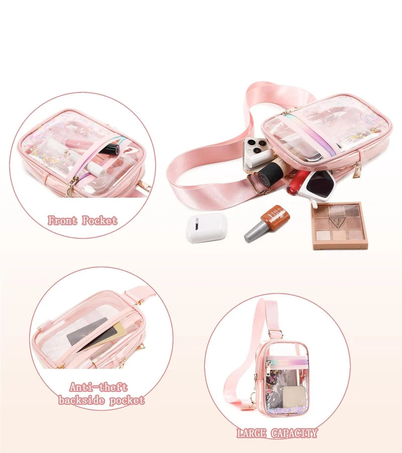 Clear Crossbody Bags for Women Girls Stadium Approved Sling Pack Bag Shoulder Belt Purses Transparent Chest Backpack