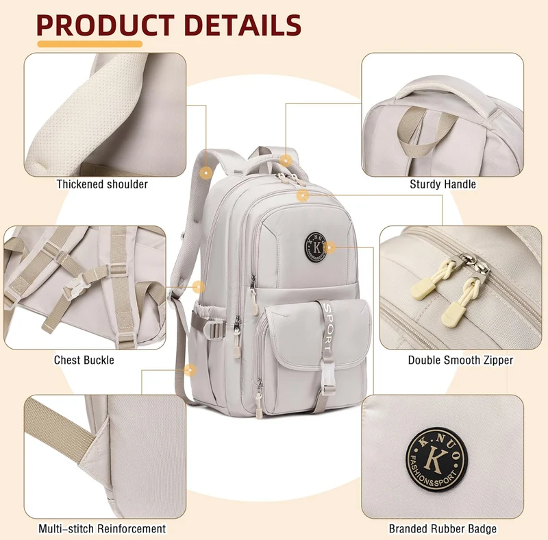 College Backpack, Travel Laptop Backpacks, Large Kids School Bag for Teens Girls Boys Students Bookbag Fit for 15.6 Inch Computer Waterproof Business Work Back Pack for Women Men Daypack Beige