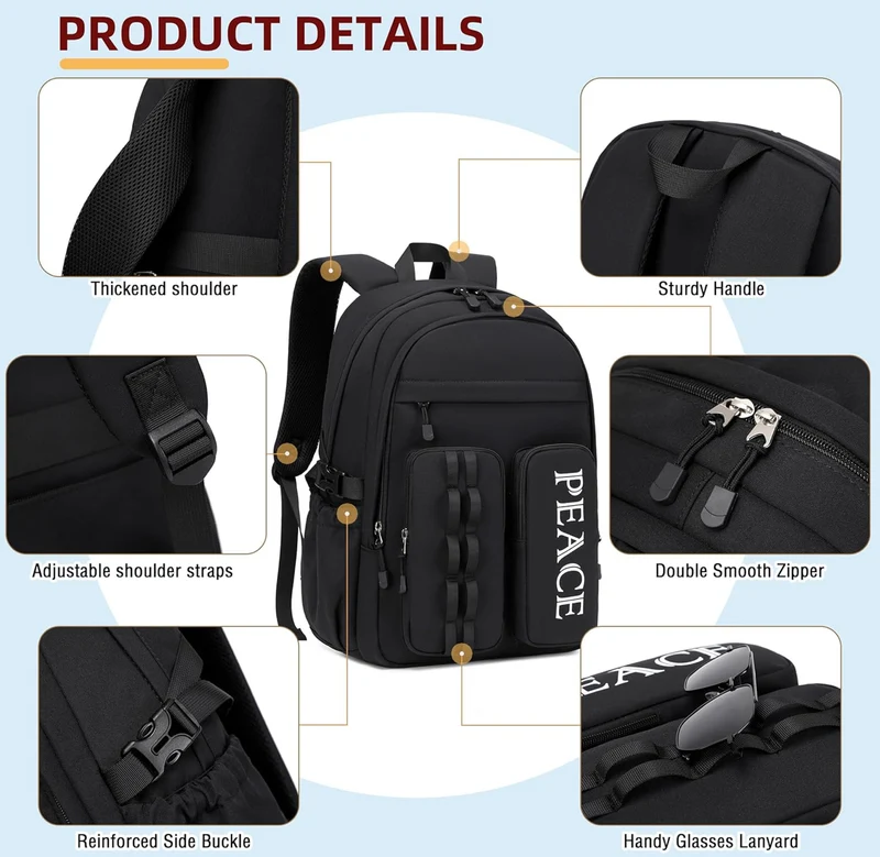 College Bookbag Laptop Backpacks 15.6 Inch Kids Elementary School Bag for Teens Girls Boys Water Resistant Sport Travel Back Pack Women Men Work Business Computer Rucksack Black