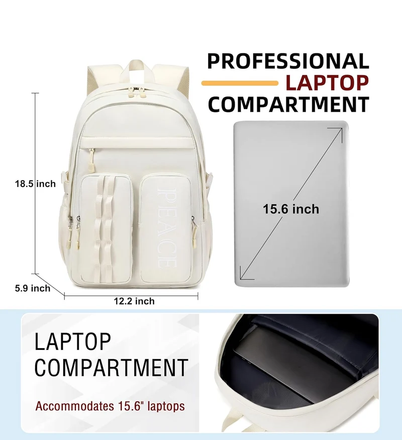 College Bookbag Laptop Backpacks 15.6 Inch Kids Elementary School Bag for Teens Girls Boys Water Resistant Sport Travel Back Pack Women Men Work Business Computer Rucksack Off White