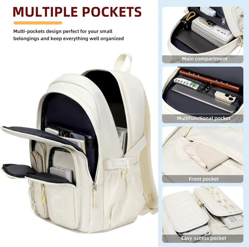 College Bookbag Laptop Backpacks 15.6 Inch Kids Elementary School Bag for Teens Girls Boys Water Resistant Sport Travel Back Pack Women Men Work Business Computer Rucksack Off White
