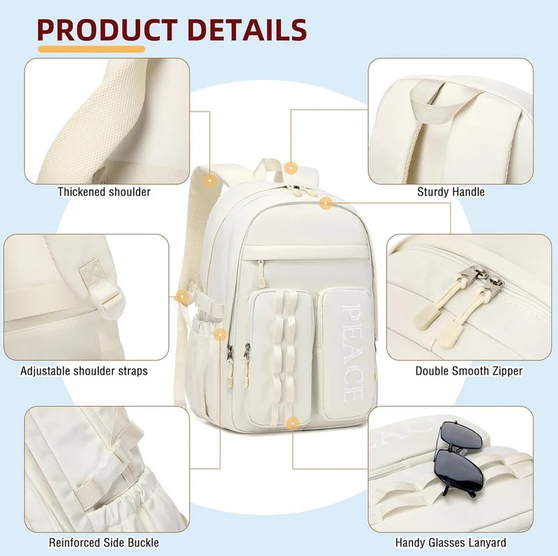 College Bookbag Laptop Backpacks 15.6 Inch Kids Elementary School Bag for Teens Girls Boys Water Resistant Sport Travel Back Pack Women Men Work Business Computer Rucksack Off White
