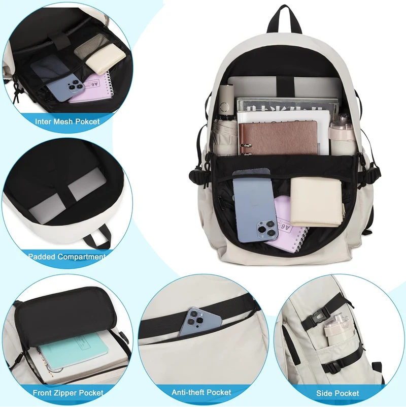 Laptop Backpack for Women, 15.6 Inch Work Laptop Bag Anti Theft Travel Backpacks Large School Bags Bookbag Casual Daypack Computer Bookbags for Teens Girls Students Off white