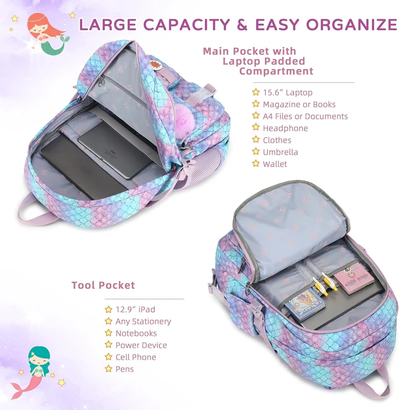 Girls Backpack,15.6 Inch Laptop School Bag Large Primary Elementary Middle College Bookbags Kids Backpacks for Teens Girl Women Students Anti Theft Travel Daypack (Purple)