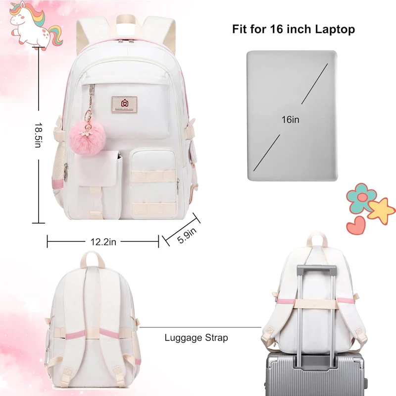 Backpack for Girls Laptop Backpacks 15.6 Inch College Cute Bookbag Anti Theft Primary Elementary School Bag Casual Daypack for Students Teens Girl Women (Beige)