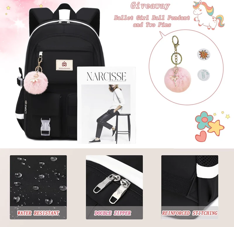 Backpack for Girls Laptop Backpacks 15.6 Inch College Cute Bookbag Anti Theft Primary Elementary School Bag Casual Daypack for Students Teens Girl Women (Black)
