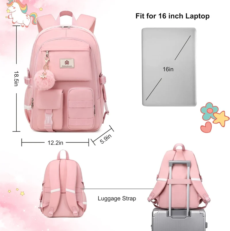 Backpack for Girls Laptop Backpacks 15.6 Inch College Cute Bookbag Anti Theft Primary Elementary School Bag Casual Daypack for Students Teens Girl Women (Pink)