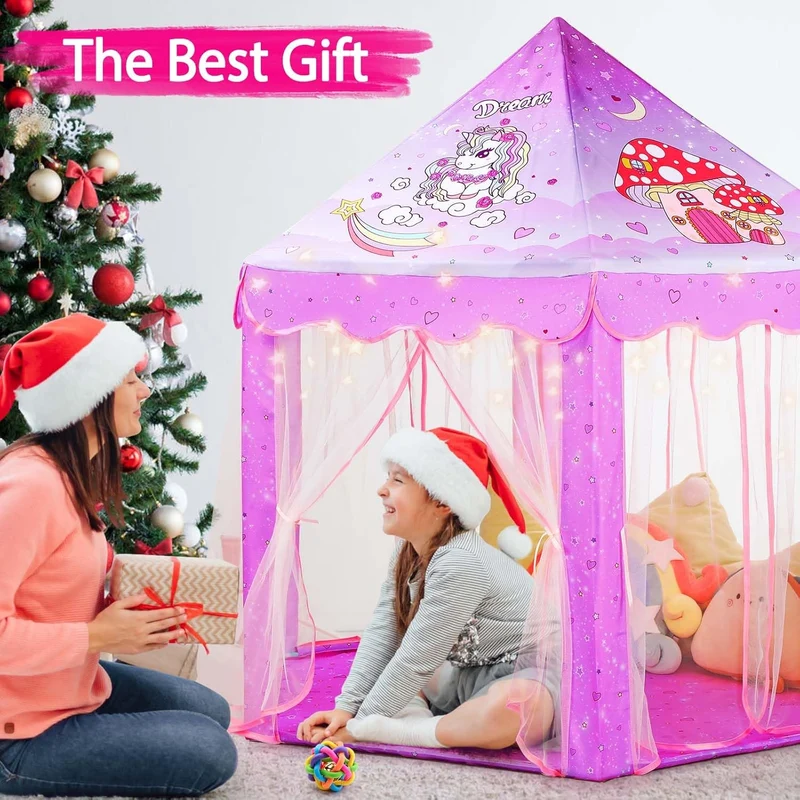 Monobeach Princess Tent Girls Unicorn Large Playhouse Kids Castle Play Tent with Star Lights Gift Toy for Children Indoor and Outdoor Games, 55'' x 53'' (DxH)