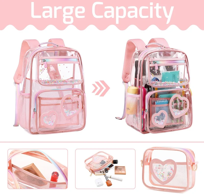 Girls Clear Backpack,2 PCS Large Backpacks Set,Heavy Duty Bookbag Stadium Approved Daypack Transparent Women Bag See Through Daypack for Kids Elementary Middle School Students Teens Sport Pink