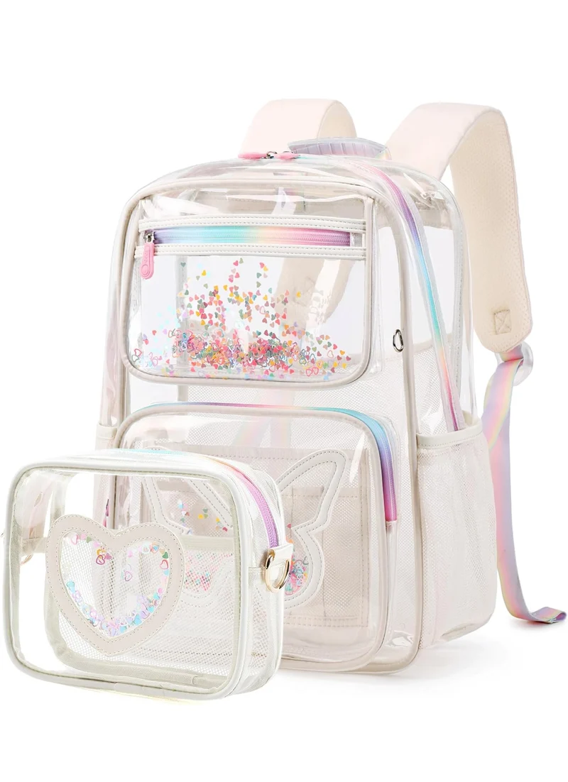 Girls Clear Backpack,2 PCS Large Backpacks Set,Heavy Duty Bookbag Stadium Approved Daypack Transparent Women Bag See Through Daypack for Kids Elementary Middle School Students Teens Sport Beige