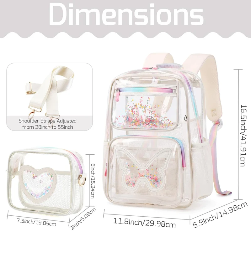 Girls Clear Backpack,2 PCS Large Backpacks Set,Heavy Duty Bookbag Stadium Approved Daypack Transparent Women Bag See Through Daypack for Kids Elementary Middle School Students Teens Sport Beige