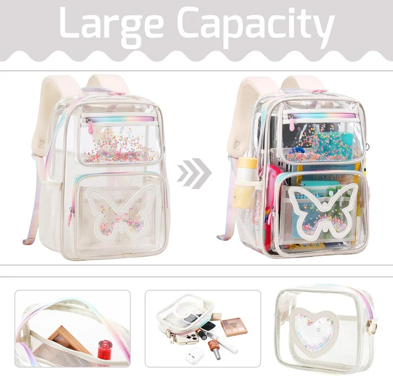 Girls Clear Backpack,2 PCS Large Backpacks Set,Heavy Duty Bookbag Stadium Approved Daypack Transparent Women Bag See Through Daypack for Kids Elementary Middle School Students Teens Sport Beige