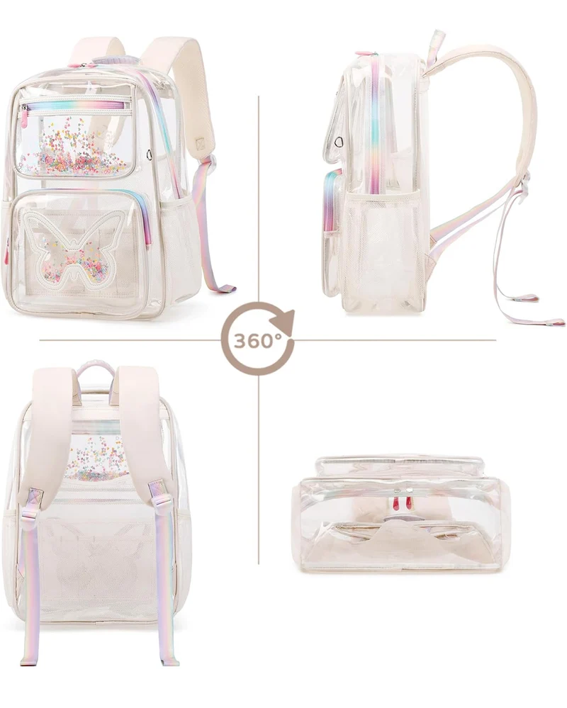 Girls Clear Backpack,2 PCS Large Backpacks Set,Heavy Duty Bookbag Stadium Approved Daypack Transparent Women Bag See Through Daypack for Kids Elementary Middle School Students Teens Sport Beige