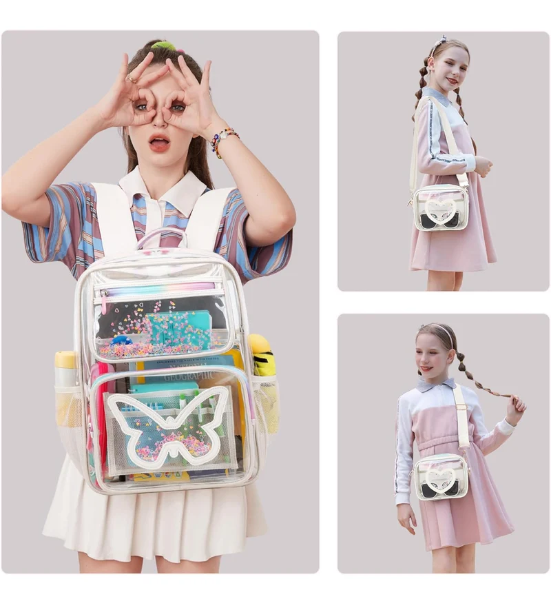 Girls Clear Backpack,2 PCS Large Backpacks Set,Heavy Duty Bookbag Stadium Approved Daypack Transparent Women Bag See Through Daypack for Kids Elementary Middle School Students Teens Sport Beige