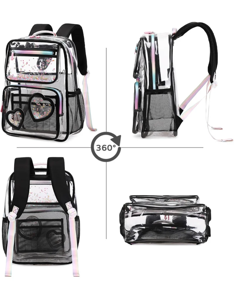 Girls Clear Backpack,2 PCS Large Backpacks Set,Heavy Duty Bookbag Stadium Approved Daypack Transparent Women Bag See Through Daypack for Kids Elementary Middle School Students Teens Sport Black