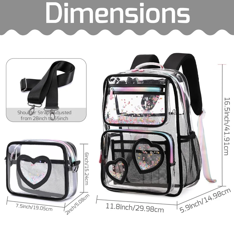 Girls Clear Backpack,2 PCS Large Backpacks Set,Heavy Duty Bookbag Stadium Approved Daypack Transparent Women Bag See Through Daypack for Kids Elementary Middle School Students Teens Sport Black