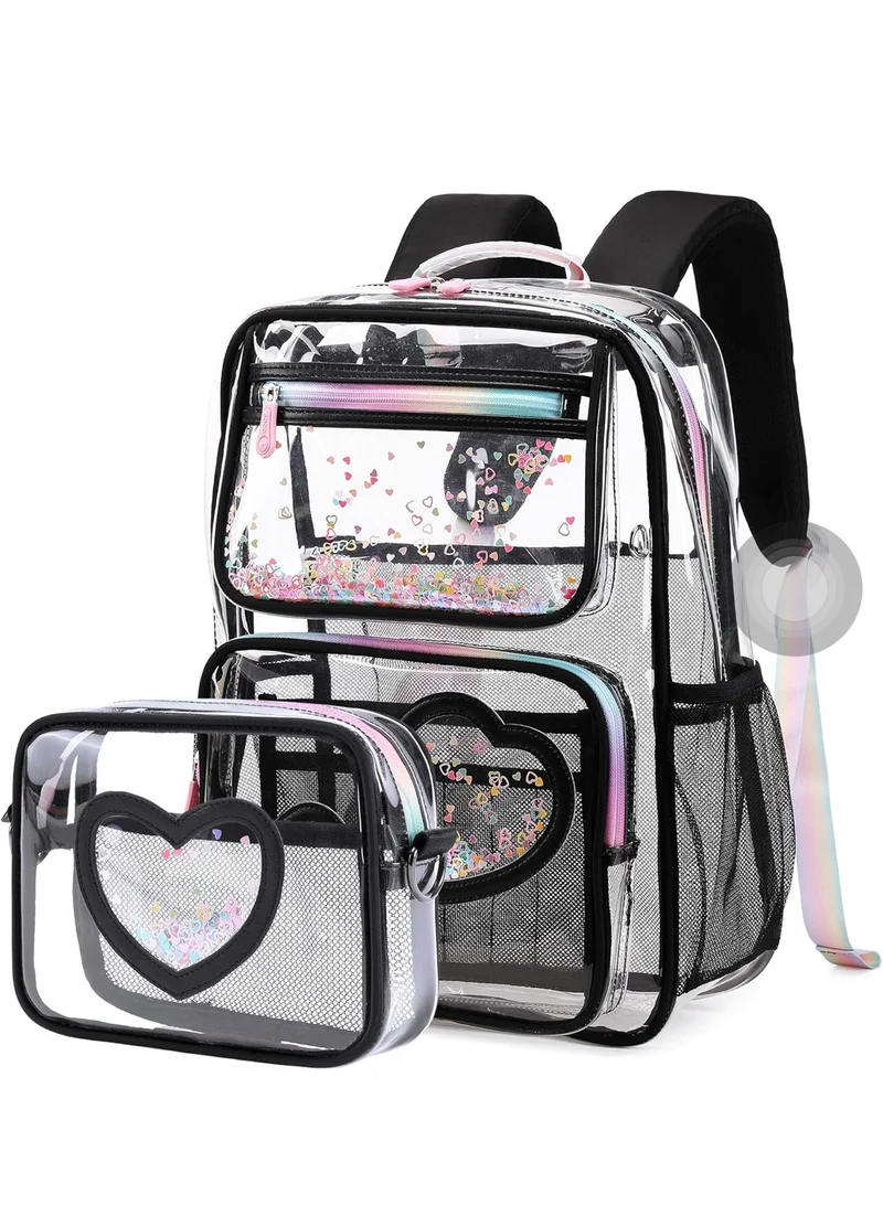 Girls Clear Backpack,2 PCS Large Backpacks Set,Heavy Duty Bookbag Stadium Approved Daypack Transparent Women Bag See Through Daypack for Kids Elementary Middle School Students Teens Sport Black