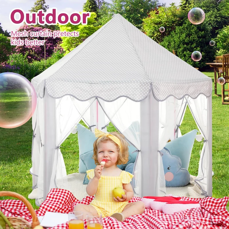 Monobeach Princess Tent Girls Large Playhouse Kids Castle Play Tent with Star Lights Gift Toy for Children Indoor and Outdoor Games, 55'' x 53'' (DxH) (Grey)