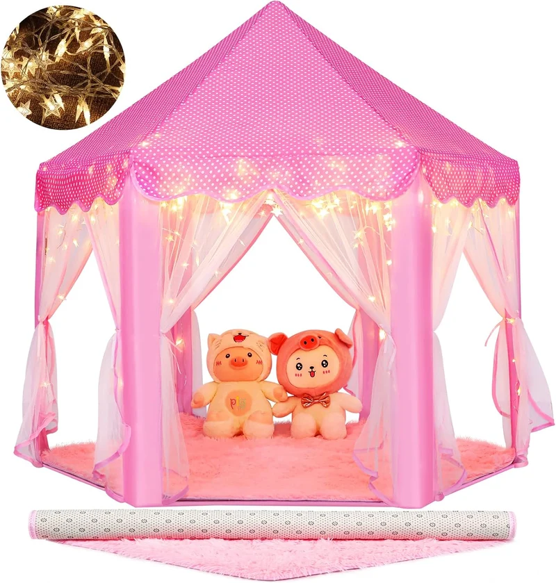Monobeach Princess Tent Girls Large Playhouse Kids Castle Play Tent with Star Lights Toy for Children Indoor and Outdoor Games, 55'' x 53'' (DxH) (Pink Princess Tent with Play Mat)