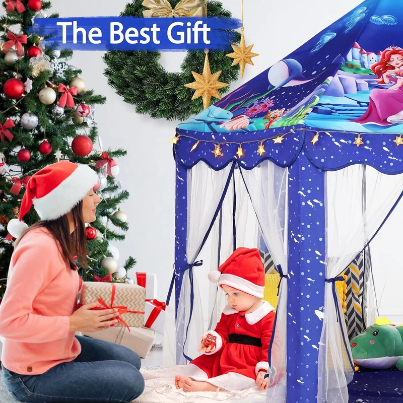 Monobeach Mermaid Princess Tent Girls Blue Large Playhouse Kids Castle Play Tent with Star Lights Gift Toy for Children Indoor and Outdoor Games