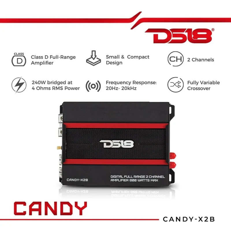 DS18 CANDY-X2B Compact Full-Range Class D 2-Channel Car Amplifier 800 Watts