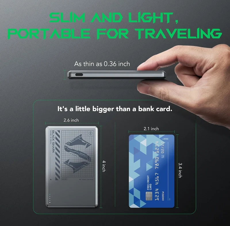 Black Shark Magnetic Power Bank, 5000mAh Wireless Portable Charger w/ USB-C Cable -Gray