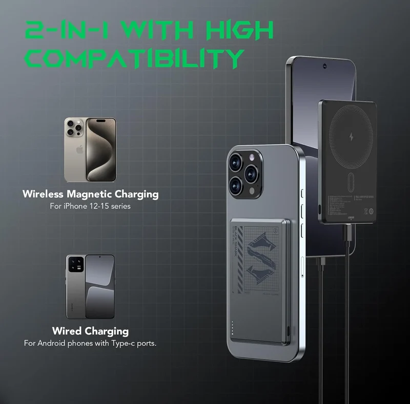 Black Shark Magnetic Power Bank, 5000mAh Wireless Portable Charger w/ USB-C Cable -Gray